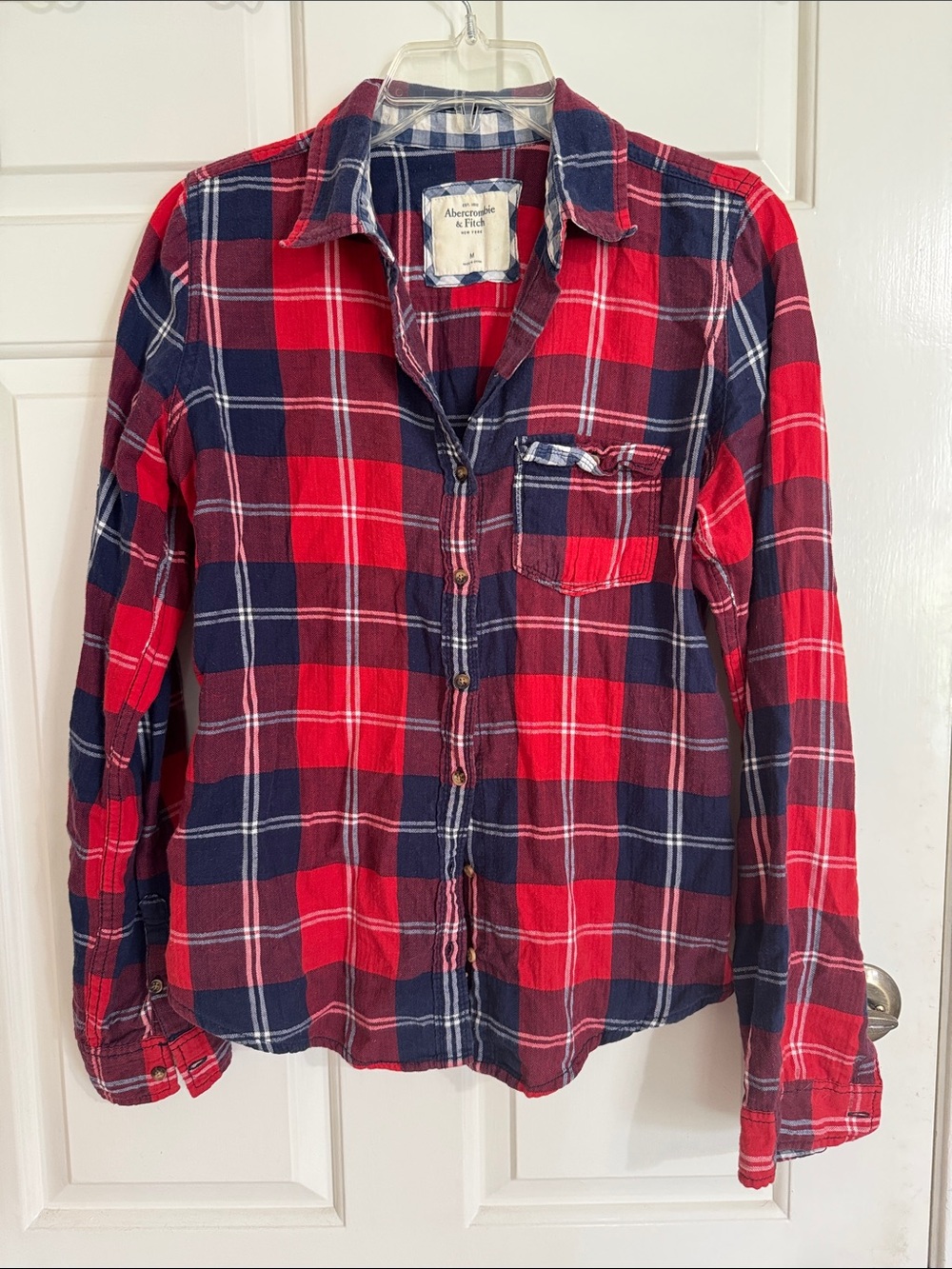 Abercrombie & Fitch Red and Navy Plaid Flannel Shirt